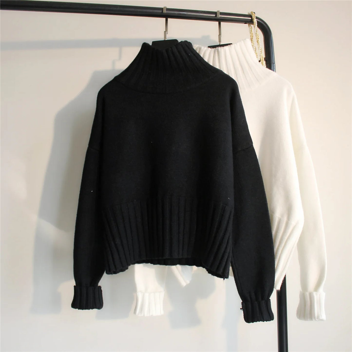 Turtleneck Sweater Coats Autumn Women Long Lantern Sleeve White Black Knitted Pullover Tops PYMY-MY924