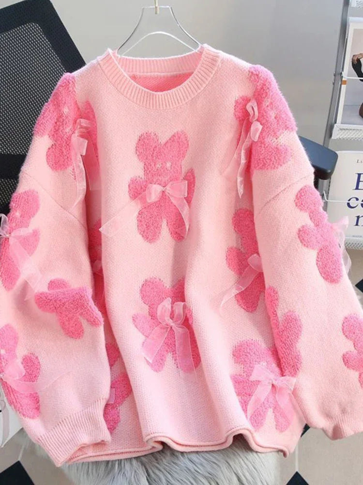 Jmprs Cute Bear Print Sweaters Women Lazy Wind Long Sleeve Bow Knitted Pullovers Korean Fashion Loose Female O Neck Sweet Tops