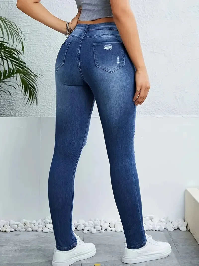 Star Pattern Printed Washed Hole Women's High Waisted Stretch Denim Skinny Trousers Fashionable Women's Denim Work Clothes