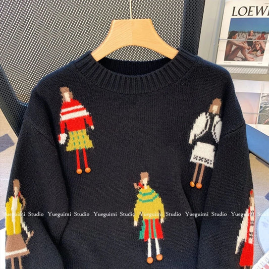 Streetwear Cute Fashion Lady Cartoon Embroidery Sweaters for Women O-neck Casual Loose Pullover Knitted Jumper Winter Autumn Top