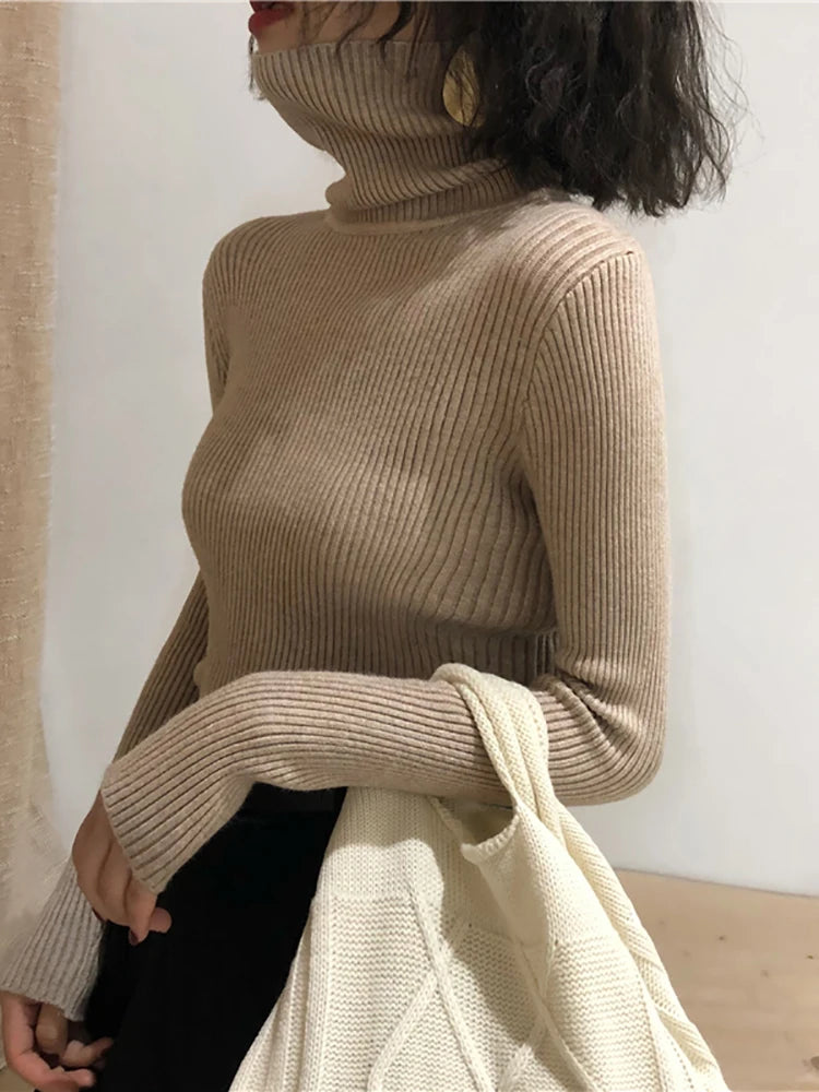 Pull à col roulé pour femme, haut coréen slim, pull tricoté