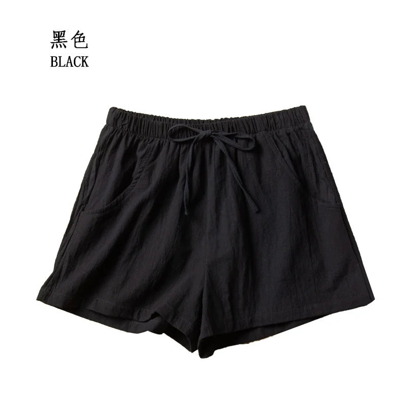 Short en coton et lin pour femme, short de sport, taille haute, uni, noir, mode, décontracté, basique