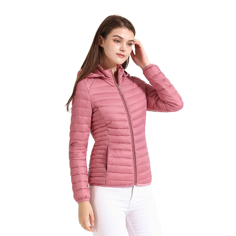 SANTELON Veste matelassée ultralégère à la mode pour femme Manteau pour femme Solide Léger Chaud Vêtements d'extérieur avec capuche amovible Sac de rangement