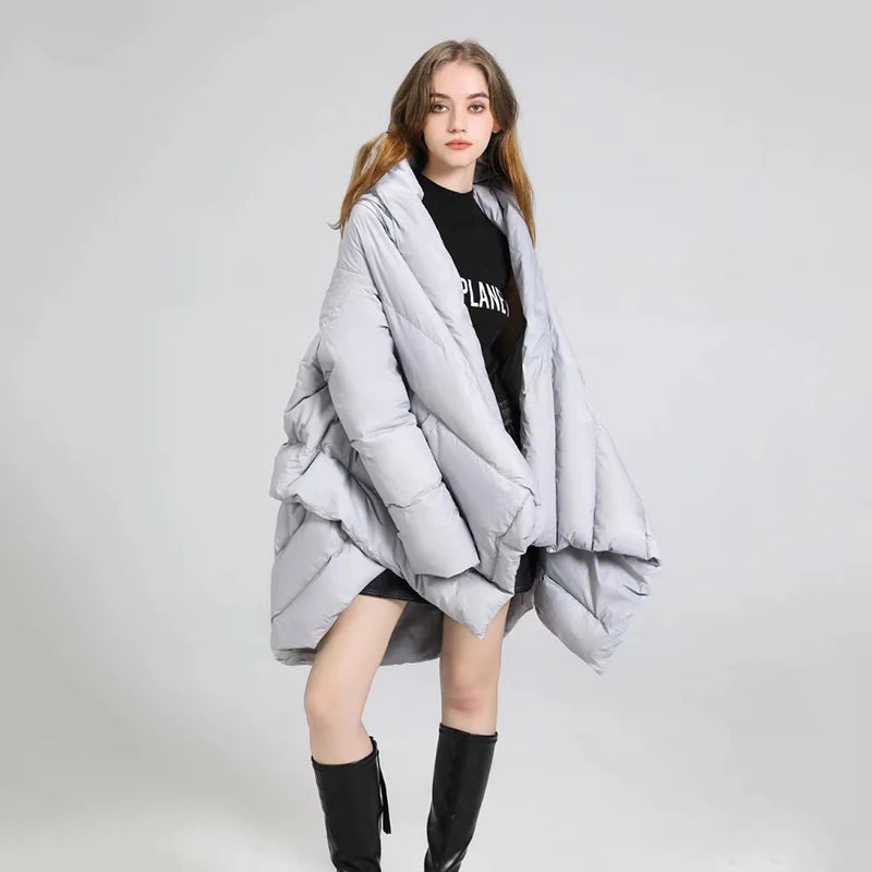 Nouvelle veste châle irrégulière d'hiver manteau en duvet de canard blanc pardessus femme veste parka bouffante à capuche ample épaisse de longueur moyenne