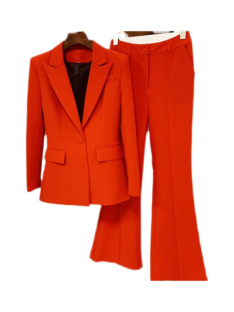 Ensemble de costume blazer de créateur de haute qualité pour femme, blazer rouge à bouton unique, pantalon évasé