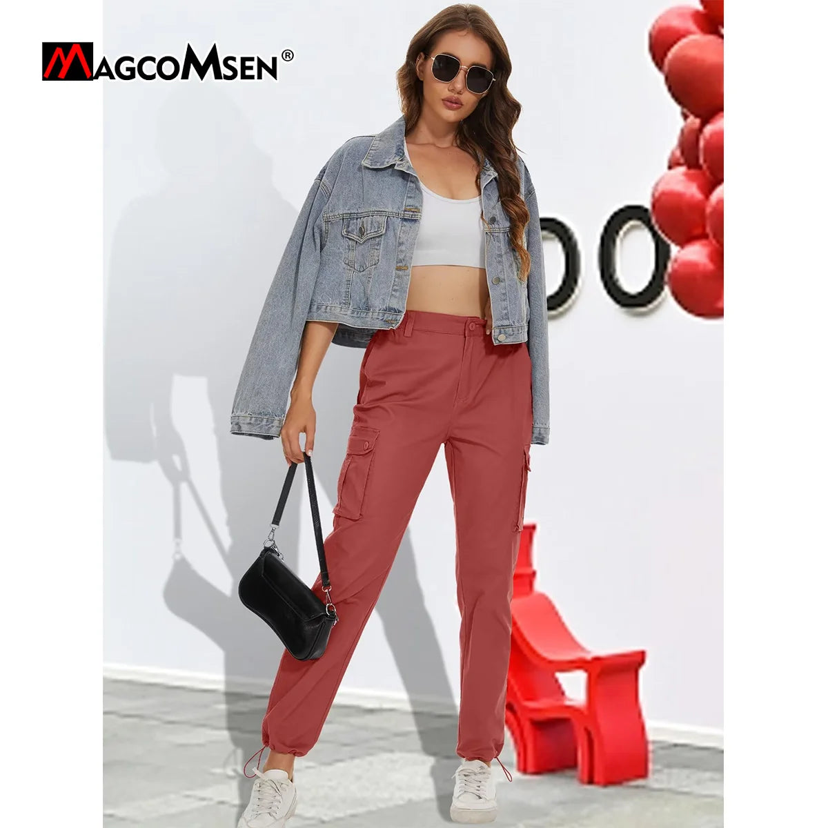 MAGCOMSEN Women's Cargo Pants 6 Pockets Cotton Urban Commuter Work Pants Casual Stylish Elastic Waistband Vintage Biker Trousers