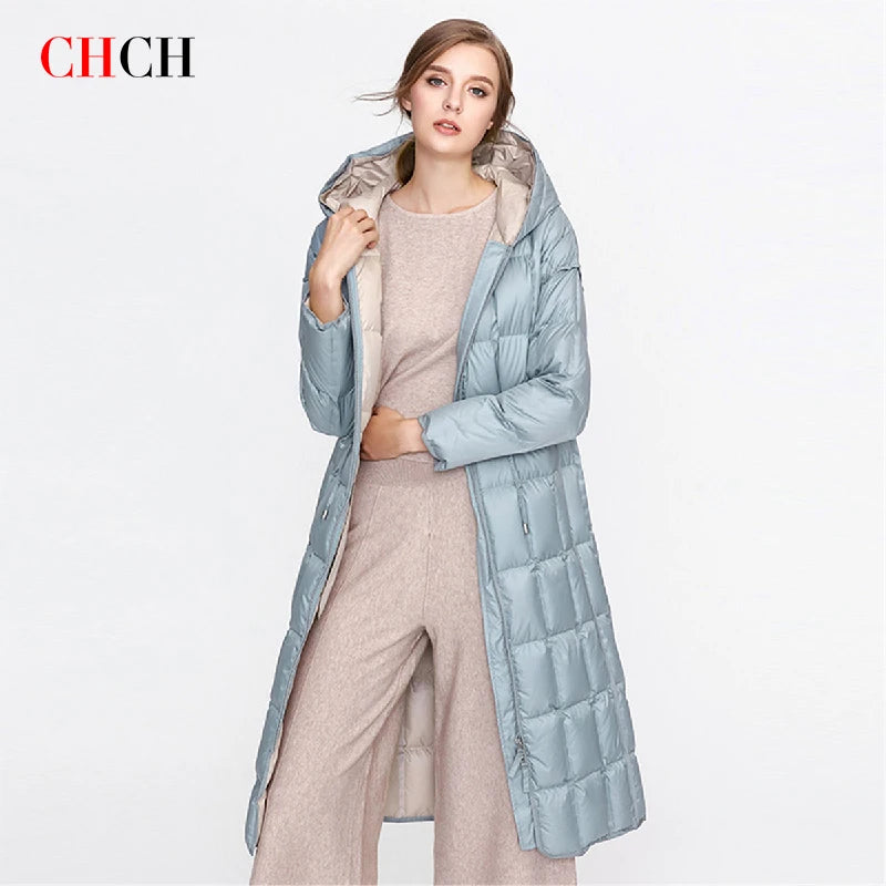 CHCH Automne Nouveau Manteau En Duvet Pour Femme Longue Veste Bouffante Épaissi À Capuche Parka D'hiver en tissu