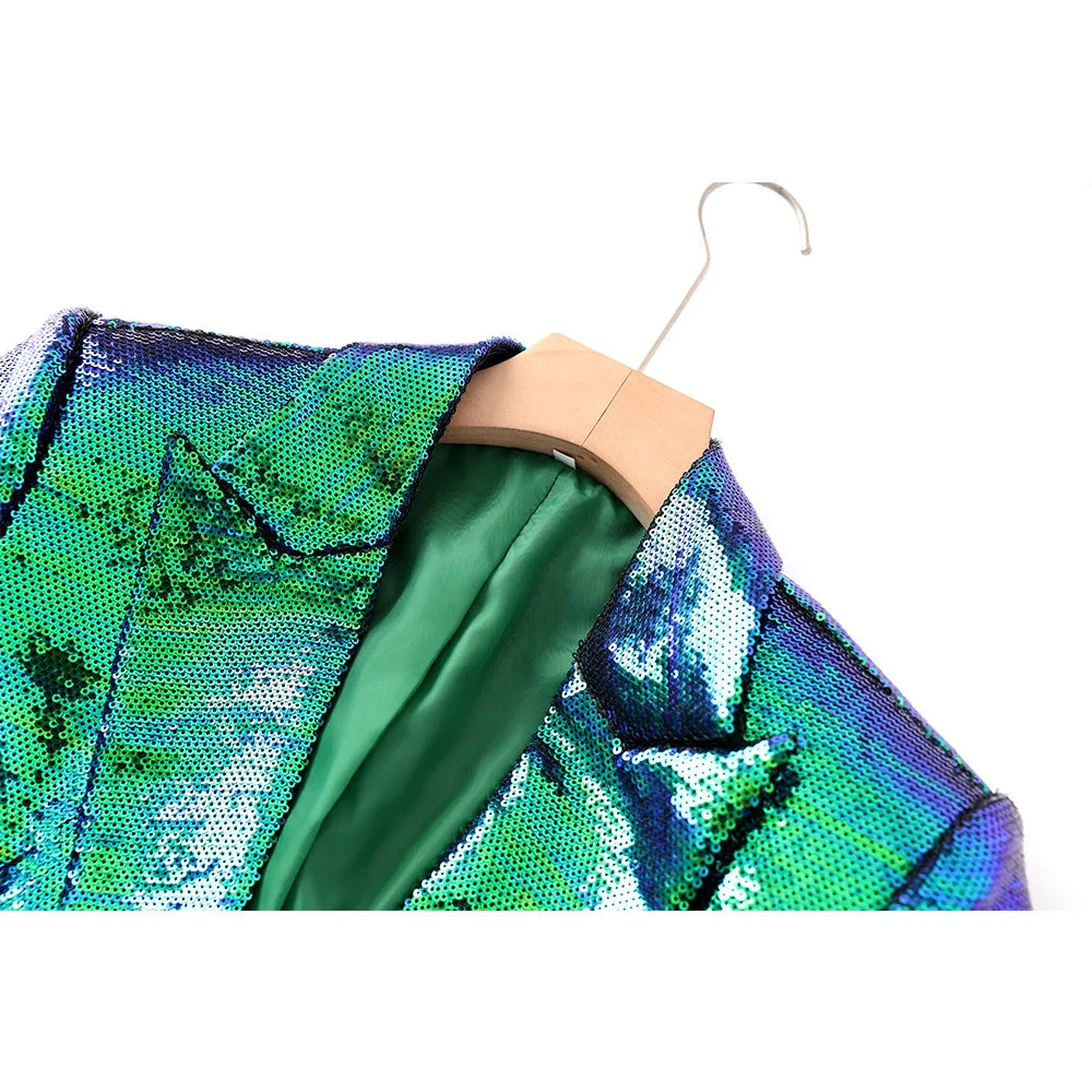 Ensemble 2 pièces blazer et short pour femme, vêtements accrocheurs, dégradé de couleurs scintillantes, paillettes vert foncé