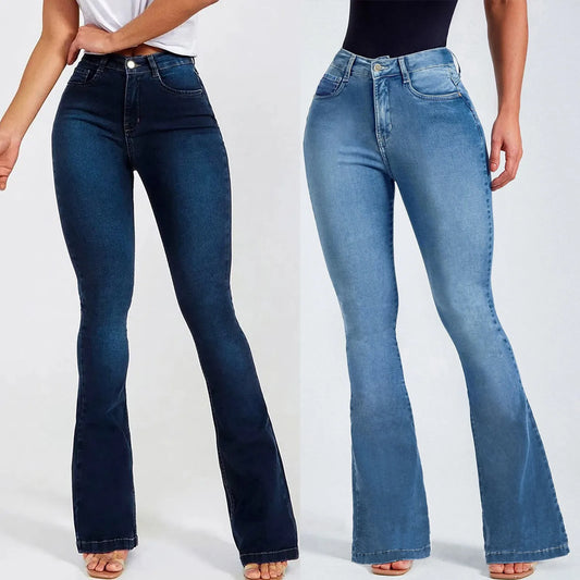 Jean évasé vintage taille haute pour femme, pantalon skinny décontracté à taille moyenne, poches, jean classique en denim, pantalon évasé