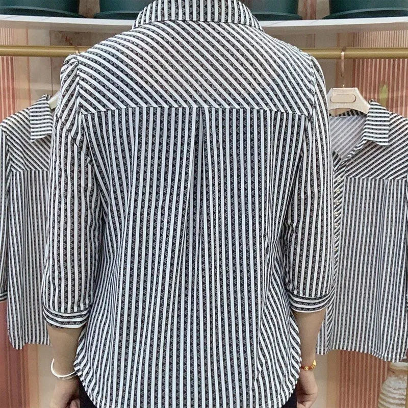 Fashion Loose All-match Striped Printed Shirt Summer Women's Clothing New 3/4 Sleeve Casual Turn-down Collar Buttons Blouses