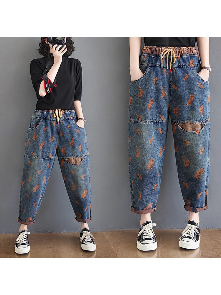 Jeans For Women Spring Street Feather Embroidery Color Contrast Loose Thin Drawstring Pockets Elastic Waist Denim Pants Female