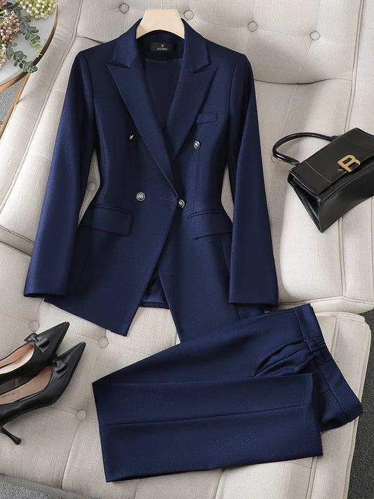 Gray Black Blue White Women's Pant Suit Long Sleeve Solid Ladies Blazer and Trouser Formal 2 Piece Set For Autumn Winter