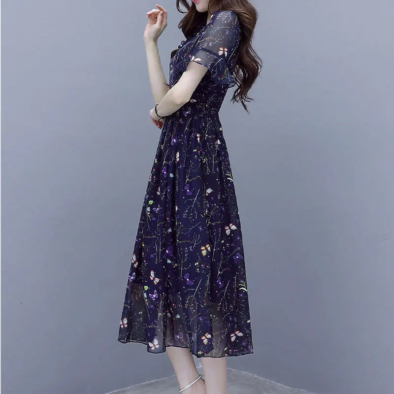 Stylish Casual Butterfly Printed Midi Dress Summer Bandage Elegant V-Neck Female Clothing A-Line Commute Ruffles Spliced Dresses