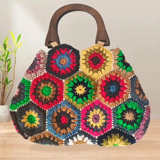 Bohemian Granny SquareCrochet Women Handbags Vintage Wooden Knitted Hand Bags Handmade Woven Large Tote Big Shopper Purses