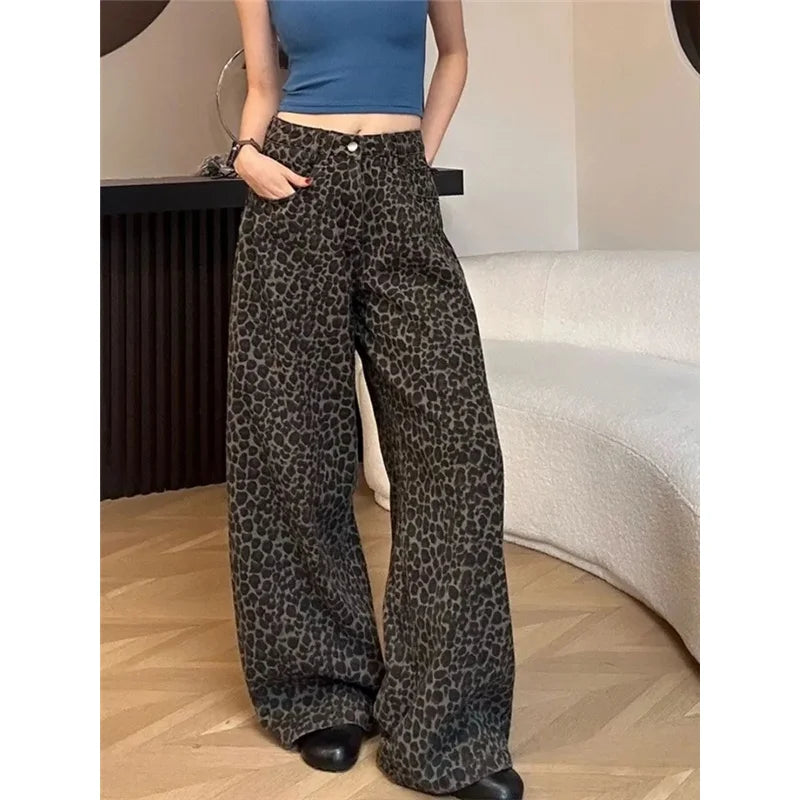 Leopard Print Womens Jeans High Waist Vintage Design Straight Baggy Denim Pants Street Y2K American Style Wide Leg Denim Trouser