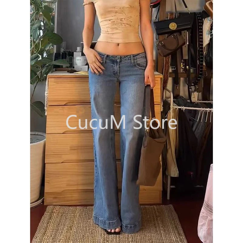 Summer Woman Retro Washed Low Waisted Flared Jeans New Chic Casual Wide-leg Pants Female Sexy Denim Bell-bottoms Trousers