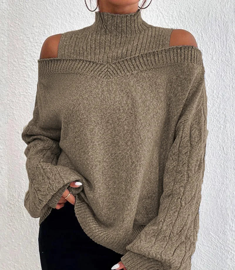 Pull tricoté à col haut pour femme, nouvelle mode d'hiver, ample, élastique, en laine, haut tricoté, épaules dénudées, élégant, style urbain