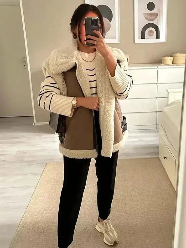 ZBZA Women's Faux Fur Short Warm Vest Lapel Zipper Double Pocket Metal Button Strap Thickened Jacket Winter New Chic Warm Vest