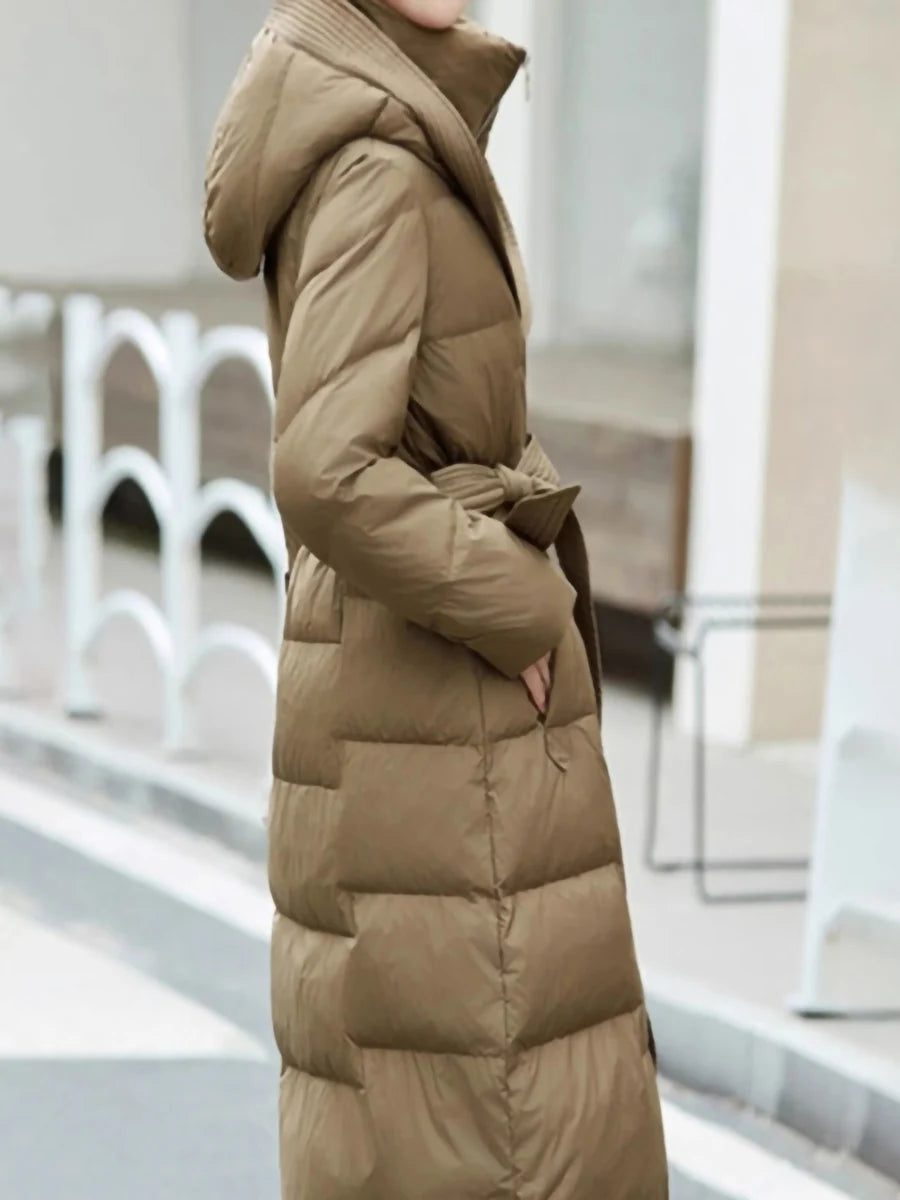 FTLZZ Winter Women White Duck Down Coat Lady Hooded Zipper Long Outwear Casual Thick Warm Solid Coat with Belt