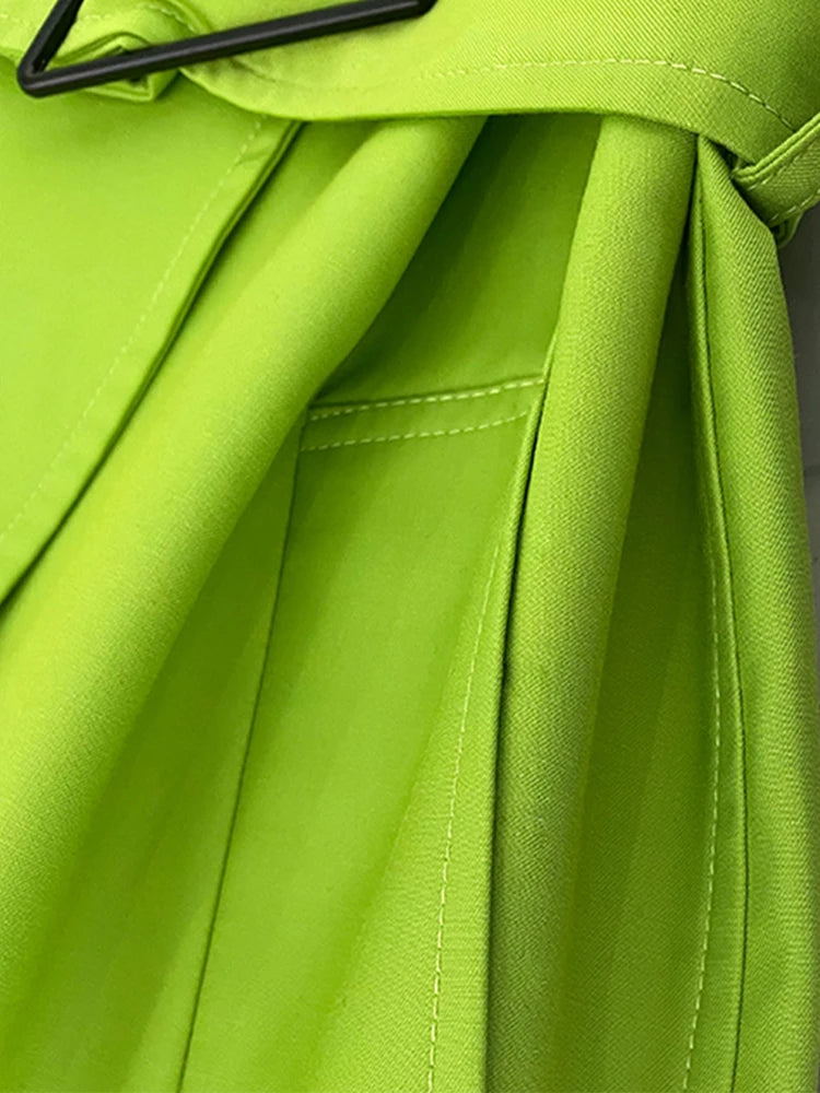 Lautaro Spring Autumn Long Oversized Bright Green Faux Leather Trench Coat for Women Belt Loose Stylish Luxury Designer Clothing