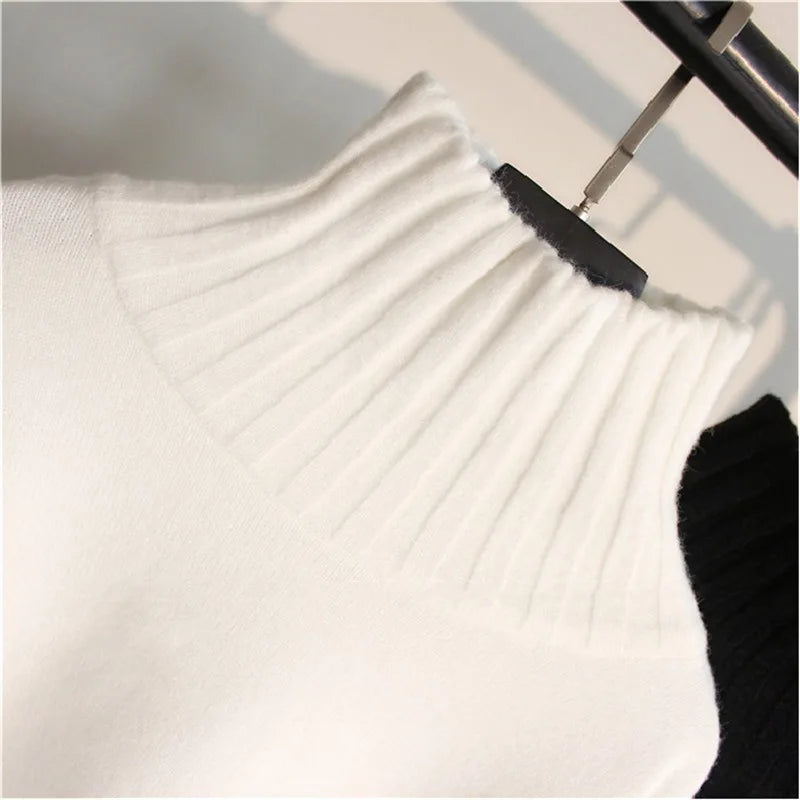 Turtleneck Sweater Coats Autumn Women Long Lantern Sleeve White Black Knitted Pullover Tops PYMY-MY924