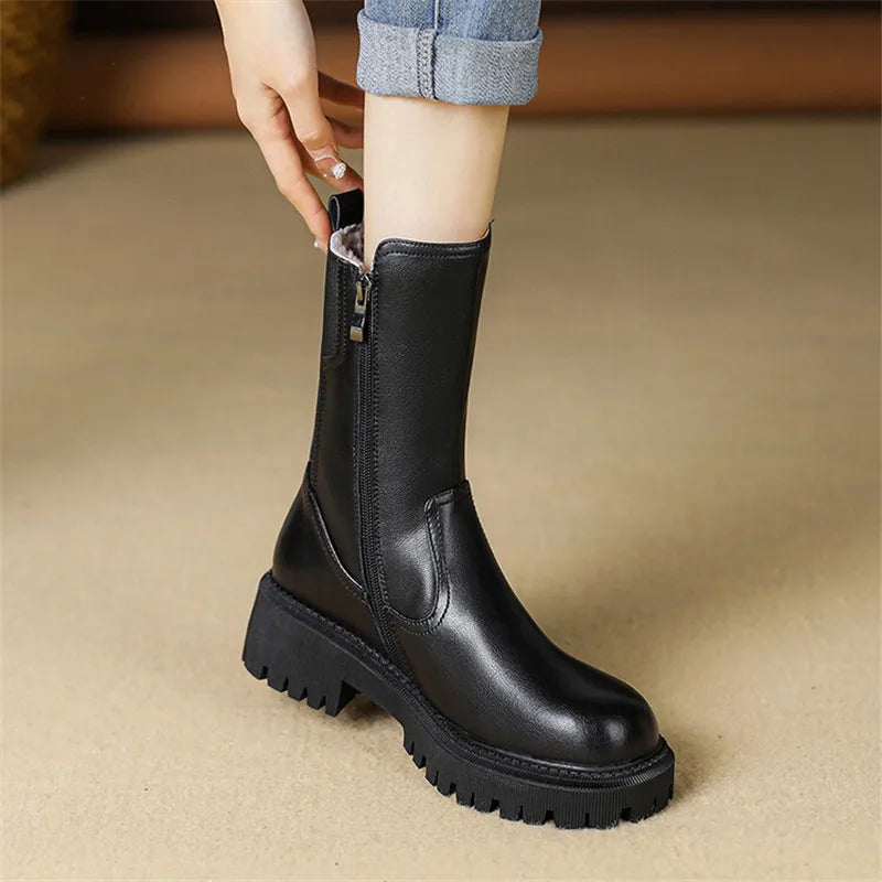 New Winter Genuine Leather Women Boots Shoes for Women Wool Boots High Heels Botines Mujer Platform Shoes Chelsea Snow Boots