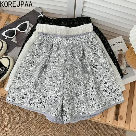 Korejpaa Women Shorts Chic Shiny Sequin Elastic Waist Wide Leg Pants Shorts Summer New Fashion Pantalones Cortos Femme