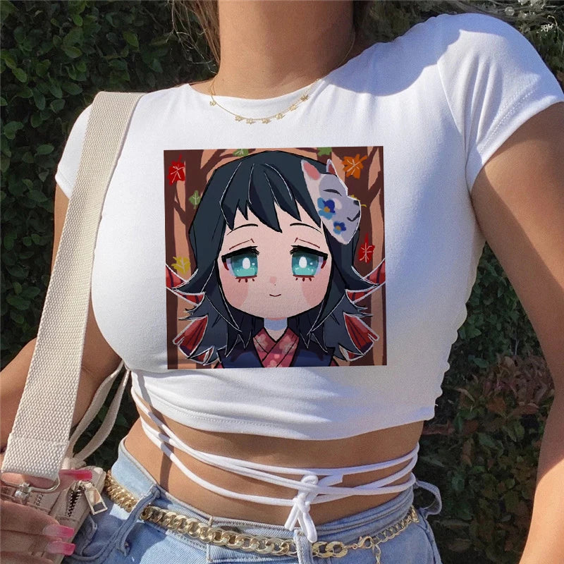 T-shirt imprimé anime Demon Slayer pour femme, ample, respirant, hip-hop, personnalité, été, bandage, T-shirts