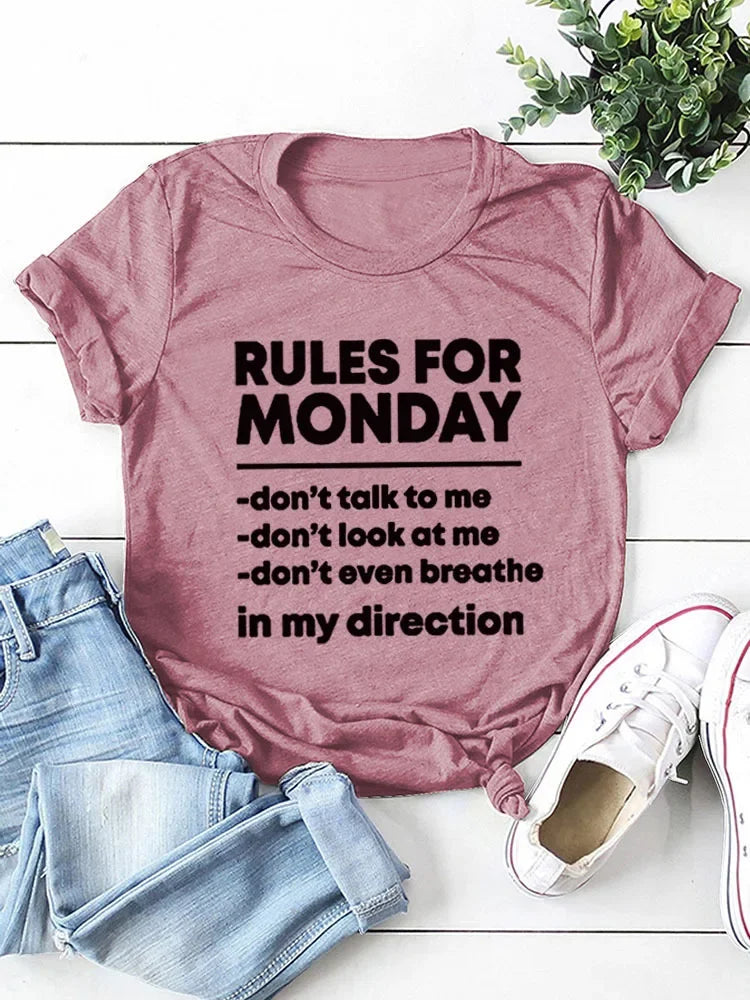 RULES FOR MONDAY Letter Print Women T Shirt Short Sleeve O Neck Loose Women Tshirt Ladies Tee Shirt Tops Camisetas Mujer