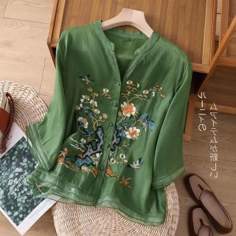 High-end Cotton and Linen Tops Female 2024 Summer New Embroidered Cardigan Shirt New Chinese Style Patchwork Bag Buckle Shirt