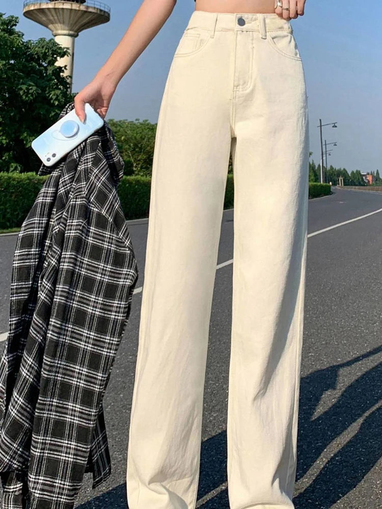 Woman High Waist Wide Leg Jeans Girls Casual Denim Straight Leg Pants Female White Black Blue Light Blue Beige Loose Trousers