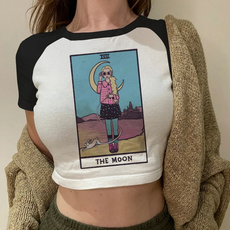 Lady Fashion Women Short Sleeve Summer Harajuku Crop Top Clothes Tshirt Female Tarot Print Cute Lovely Casual Aesthetic T-Shirt