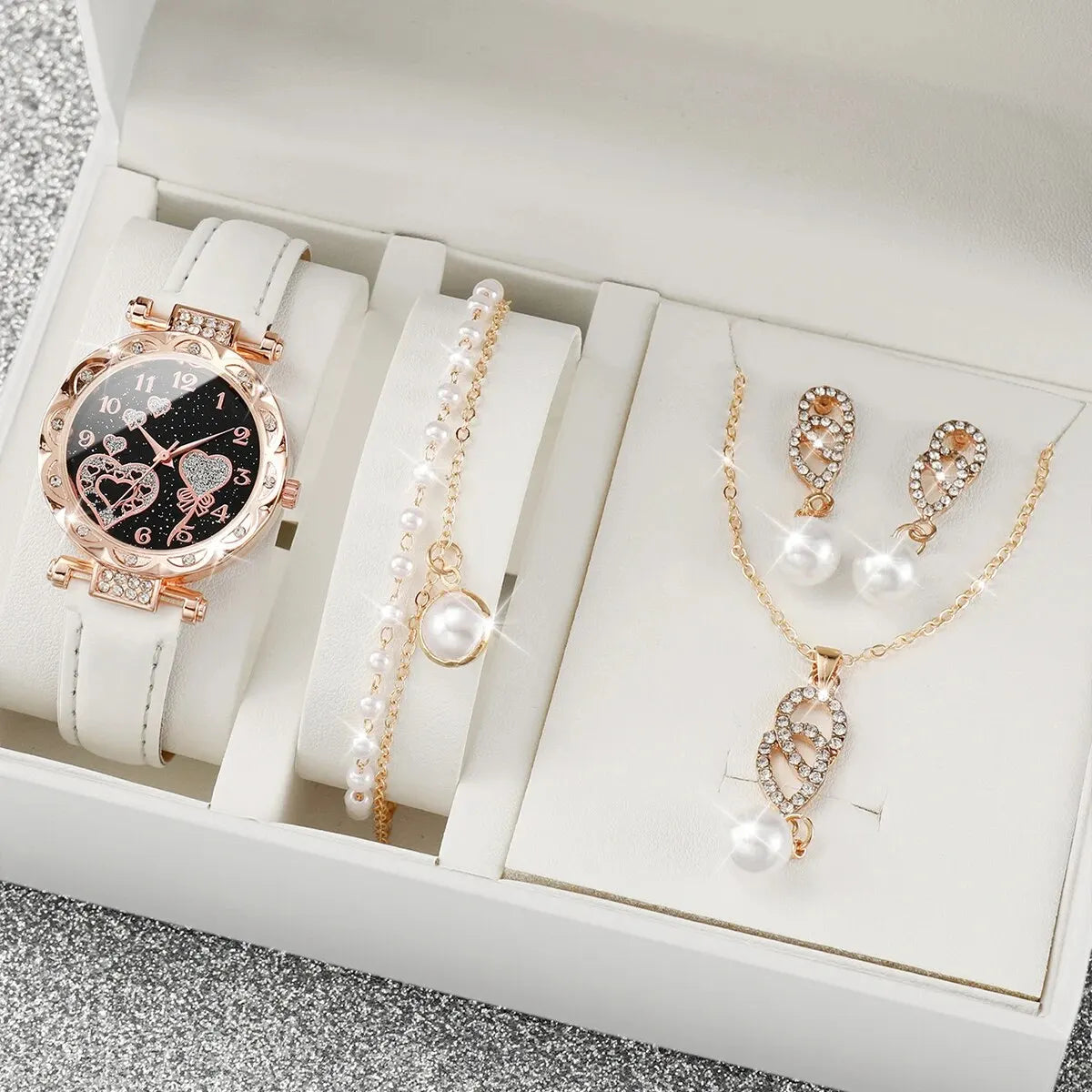 Lot de 4 montres à quartz analogiques en cuir PU pour femme avec strass brillants et perles artificielles, ensemble de bijoux, cadeau pour fille (sans boîte)