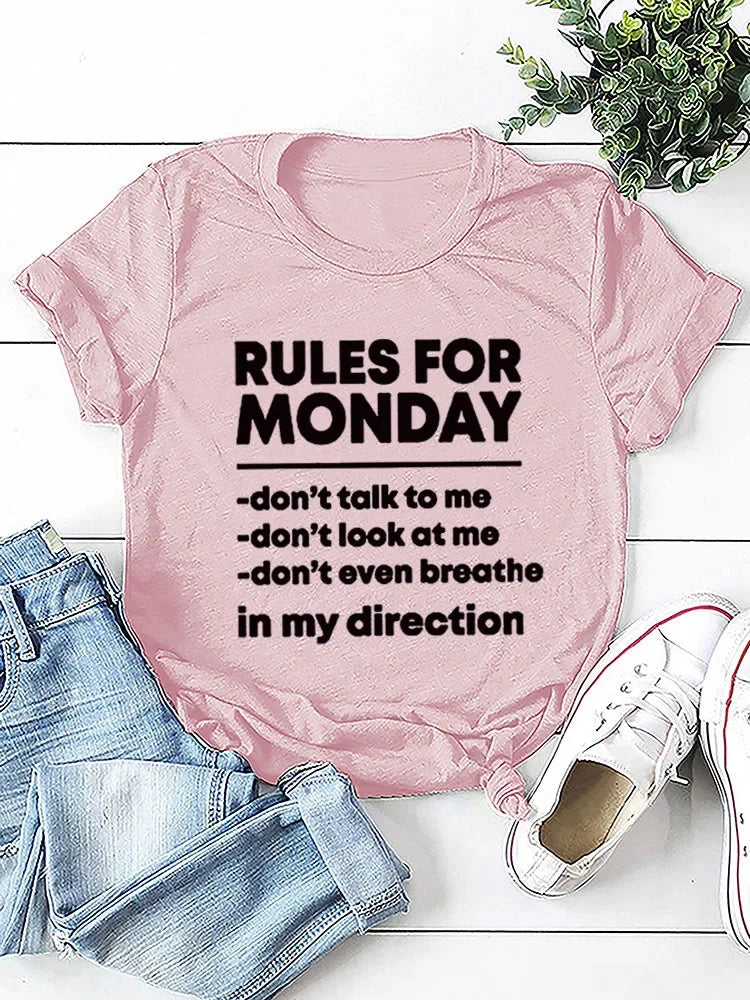 RULES FOR MONDAY Letter Print Women T Shirt Short Sleeve O Neck Loose Women Tshirt Ladies Tee Shirt Tops Camisetas Mujer