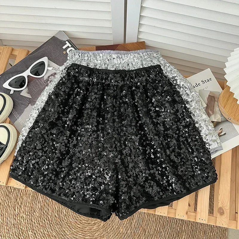 Korejpaa Women Shorts Chic Shiny Sequin Elastic Waist Wide Leg Pants Shorts Summer New Fashion Pantalones Cortos Femme