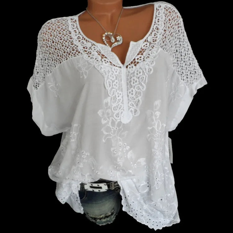 Summer Fashion Short Sleeve Womens Blouses And Tops 2024 Loose White Lace Patchwork Shirt 6xl Women Tops shirts Casual Clothes