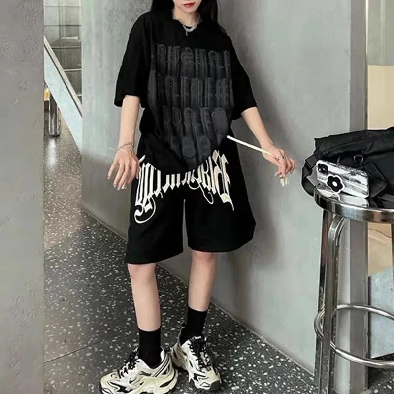 Y2K Drawstring Printing Shorts Women Fashion American Style Streetwear Sports Shorts BF Hip Hop Loose Casual Wide Leg Shorts