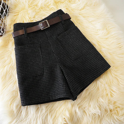 Houndstooth woolen shorts women's autumn and winter new high waist retro slim boots pantslarge size woolen pocket wide leg pants