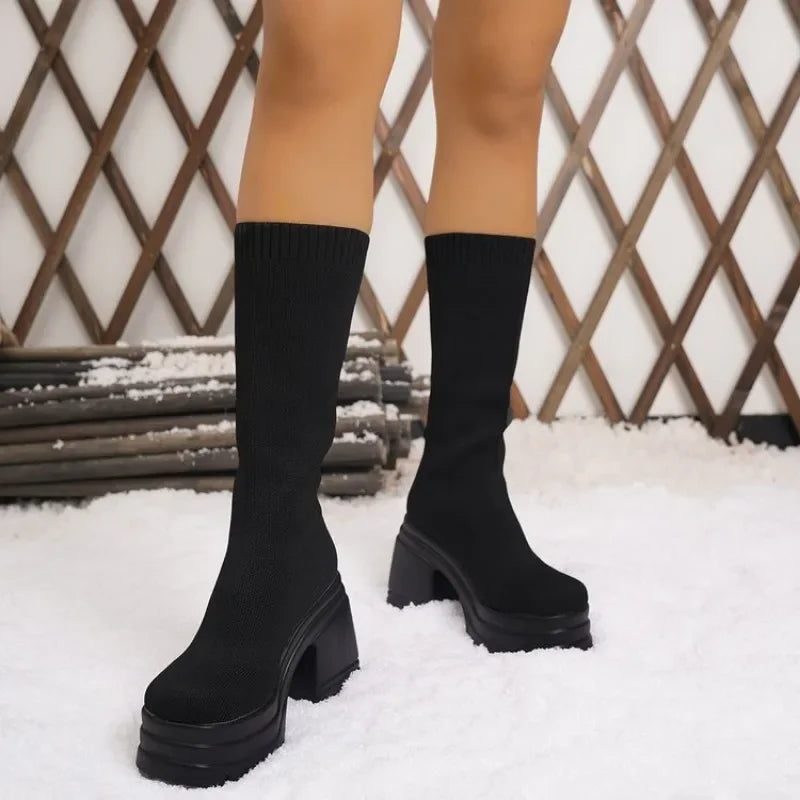 Large Size Women's Shoes Fashionable Long Boots with Thick Soles Square Heels Thin and Slim Sleeves Elastic High Heels Long Boot