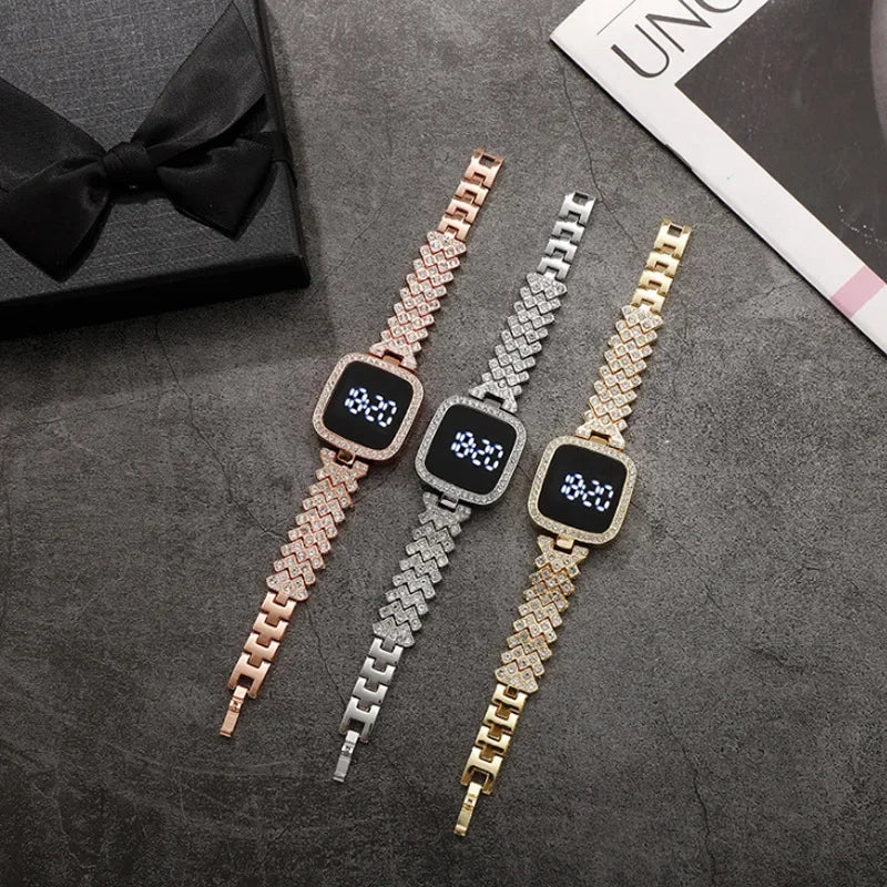 Luxury Rhinestone Digital Watches for Women Simple Touch Screen LED Watch Fashion Steel Strap Rose Gold Ladies Watch Reloj Mujer