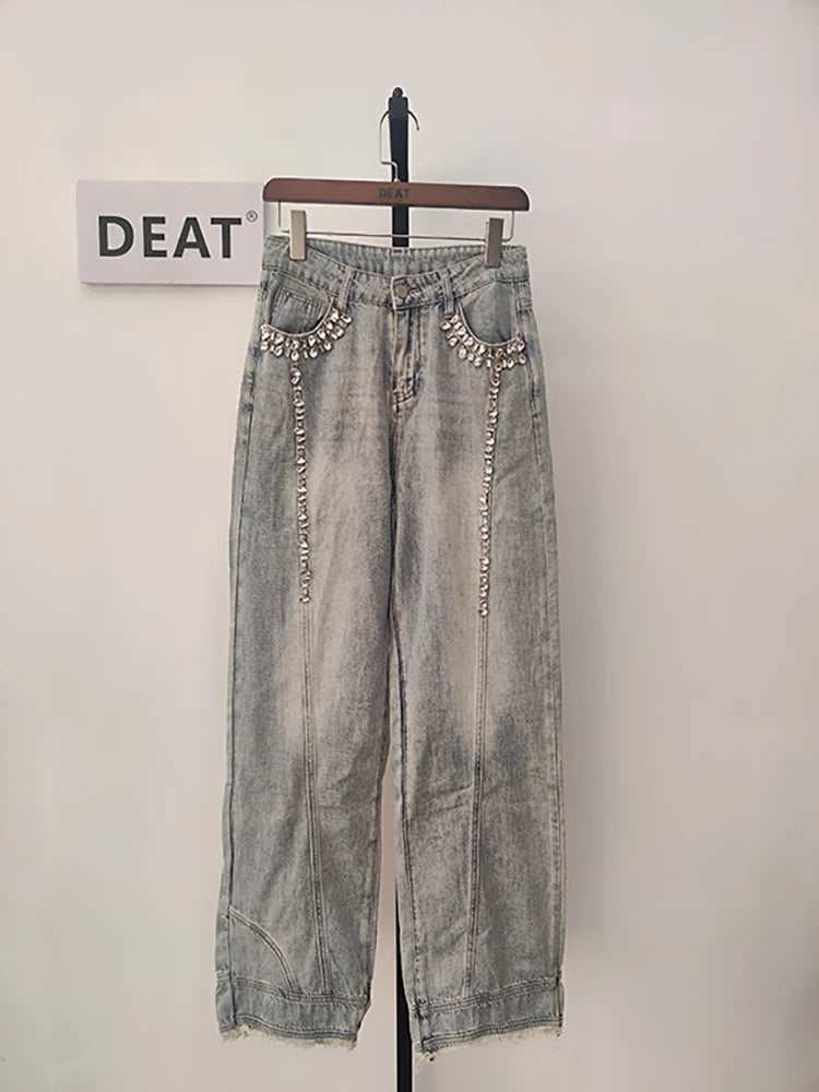 DEAT Women's Jeans Diamond Spliced High Waist Long Loose Straight Wide Leg Burrs Denim Pants 2025 Spring New Fashion