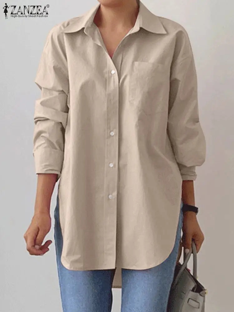 ZANZEA Elegant Women Shirt Causal Long Sleeve OL Shirts Lapel Neck Button Up Blouse Solid Split Hem Tunic Tops Female Blusas