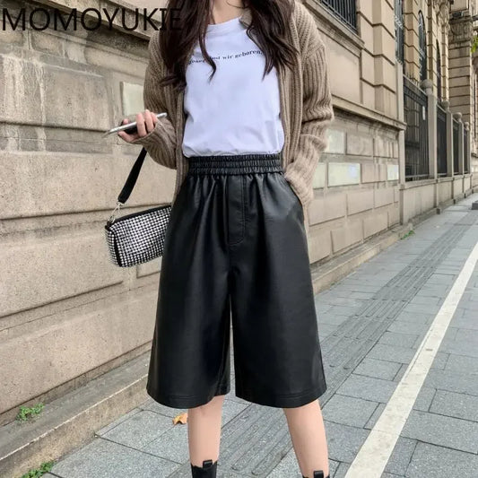 S-3XL PU Leather Shorts Women's Autumn Winter New 2021 high waist elastic Loose Five Points Leather Trouser clothes Shorts