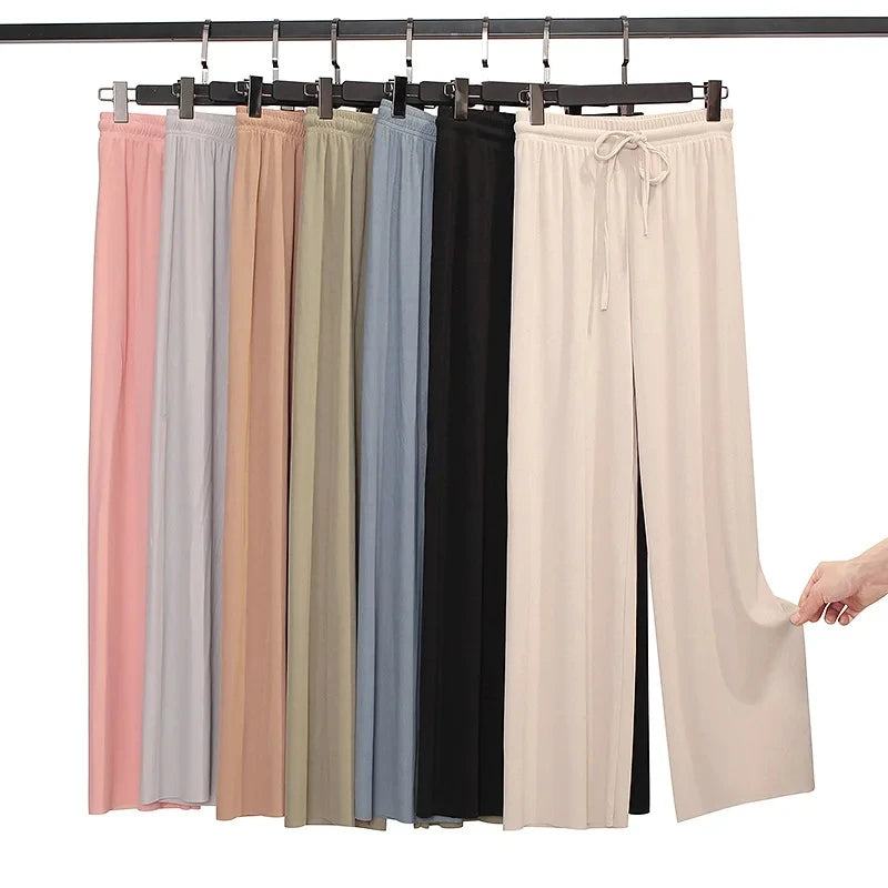 Women Wide Leg Long Pants Casual Solid Elastic Waist Loose Ankle-Length Ice Silk Pants Spring Summer Straight Female Trousers