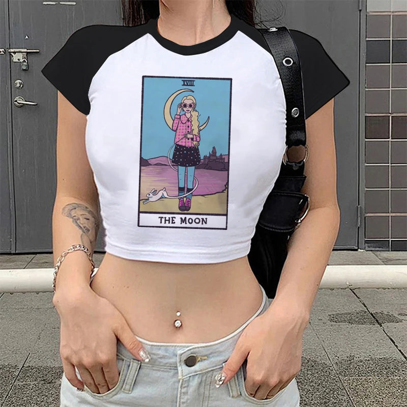 Lady Fashion Women Short Sleeve Summer Harajuku Crop Top Clothes Tshirt Female Tarot Print Cute Lovely Casual Aesthetic T-Shirt