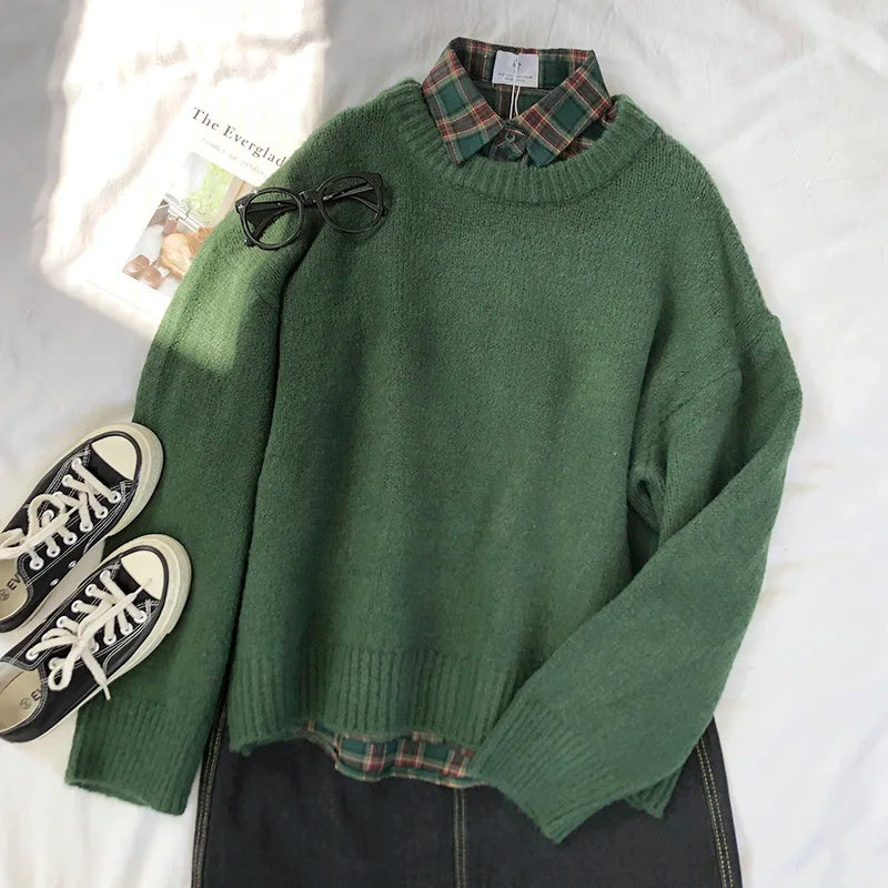 Oversized Green Mohair Sweater Crewneck Chunky Vintage Y2K Fuzzy Warm Cute Pullovers Autumn Winter Jumper