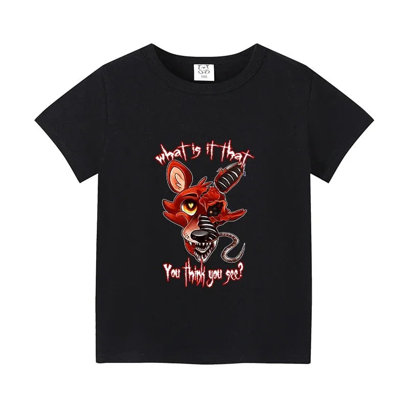 Fnafs T-shirt for Children Five Nights Freddys Short Sleeve Shirt White Black Tee Anime Printed Clothing Kid Gift for Boy Girl