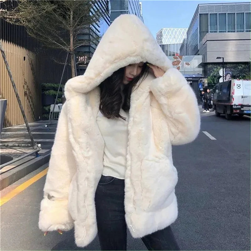 High Quality Quilted Thick Furry Coat Female Autumn And Winter Lamb Plush Imitation Mink Rex Rabbit Fur Coat Women Hooded Jacket