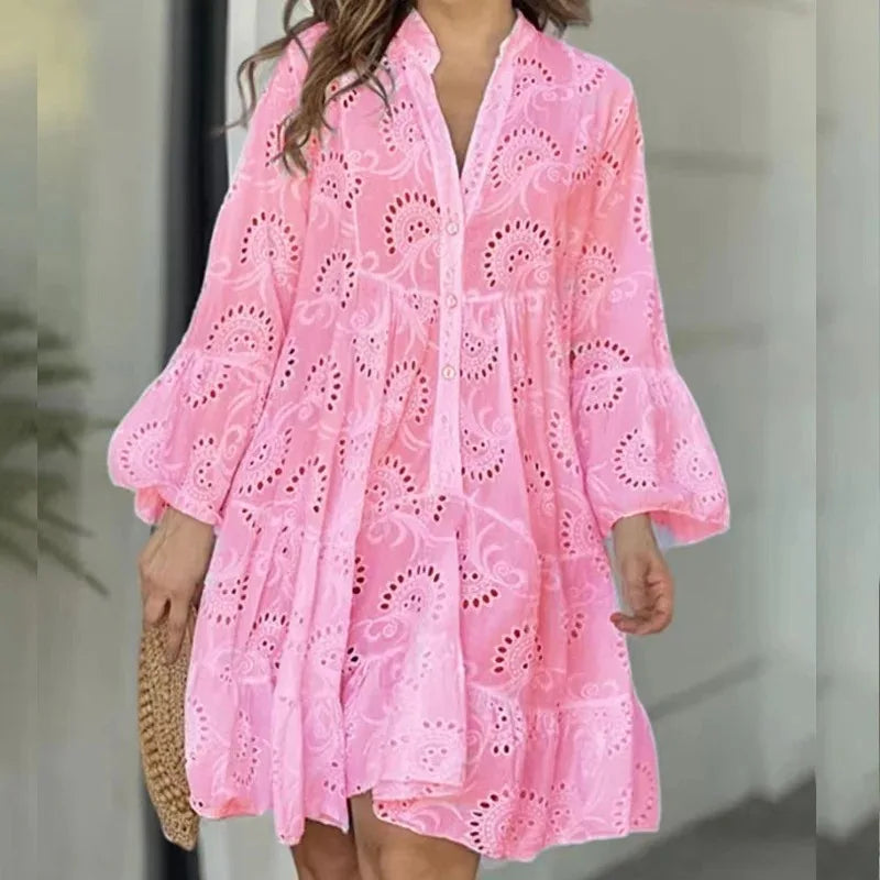 Women's Elegant V-neck Hollow Embroidery Dress, Vintage Beach Mini Dresses, Casual Solid Lace, Sexy, Summer, 27725