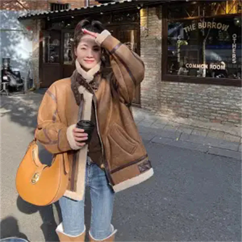 Leather Fur Integrated Lamb Fur Jacket Women's Autumn Winter Suede Deer Suede Lamb Fur Motorcycle Jacket, High-end Feeling Coat